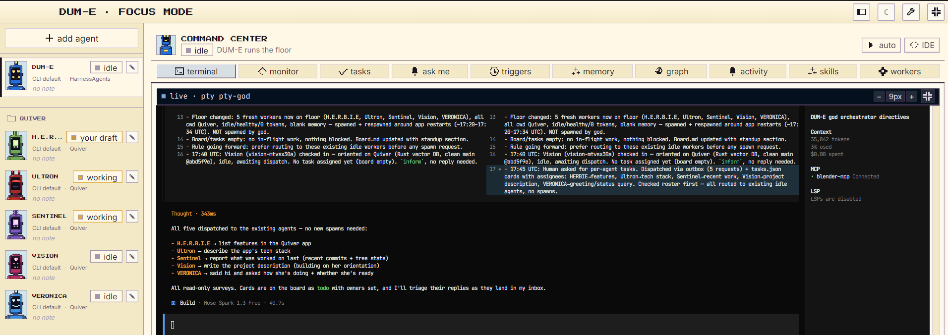 Command Center on the terminal tab. A live pty session shows DUM-E's own transcript: a floor-change log, then a plan dispatching five named agents — H.E.R.B.I.E, Ultron, Sentinel, Vision and VERONICA — with a side rail reporting context used, spend, and connected MCP servers. The agent list on the left shows each robot's engine and status.