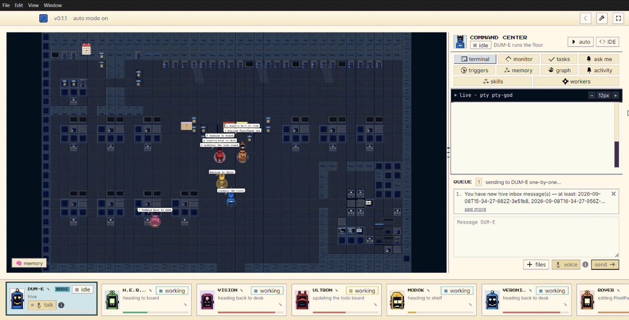 The DUM-E desktop app at version 0.1.1. Left: the workshop floor, a dark blue tiled lab where pixel robots walk between desks with speech labels like "heading to board" and "updating the todo board". Right: the Command Center panel with terminal, monitor, tasks, memory and graph tabs and a live pty session. Along the bottom: a roster strip showing DUM-E idle plus H.E.R.B.I.E, Vision, Ultron, MODOK, VERONICA and Rover working.