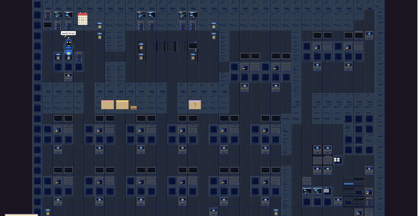 The workshop floor canvas at full size: a dark blue tiled lab with rows of desks and terminals, a server-rack wall, observation windows, a charging bay, and a robot labelled "awaiting" standing at its station.