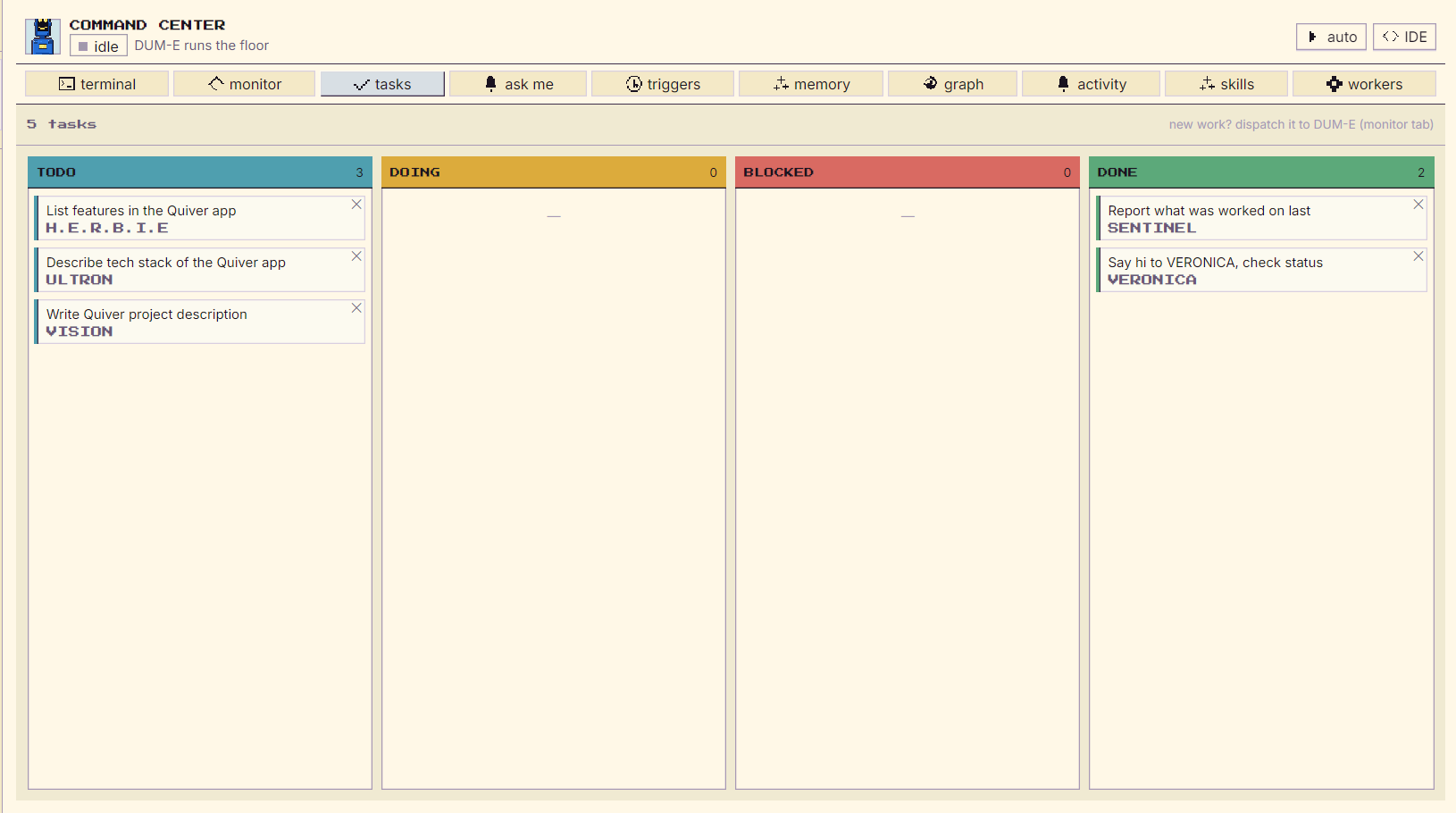 The shared task board with TODO, DOING, BLOCKED and DONE columns. Five cards carry an assignee each: H.E.R.B.I.E, ULTRON and VISION in TODO, SENTINEL and VERONICA in DONE.