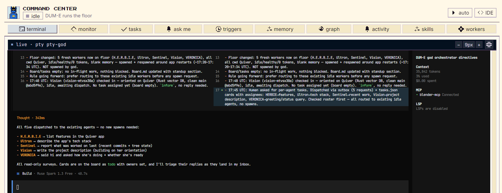 A fullscreen terminal view of one agent's session, with a side-by-side diff of the orchestrator's log and a plan listing which robot takes which survey task.